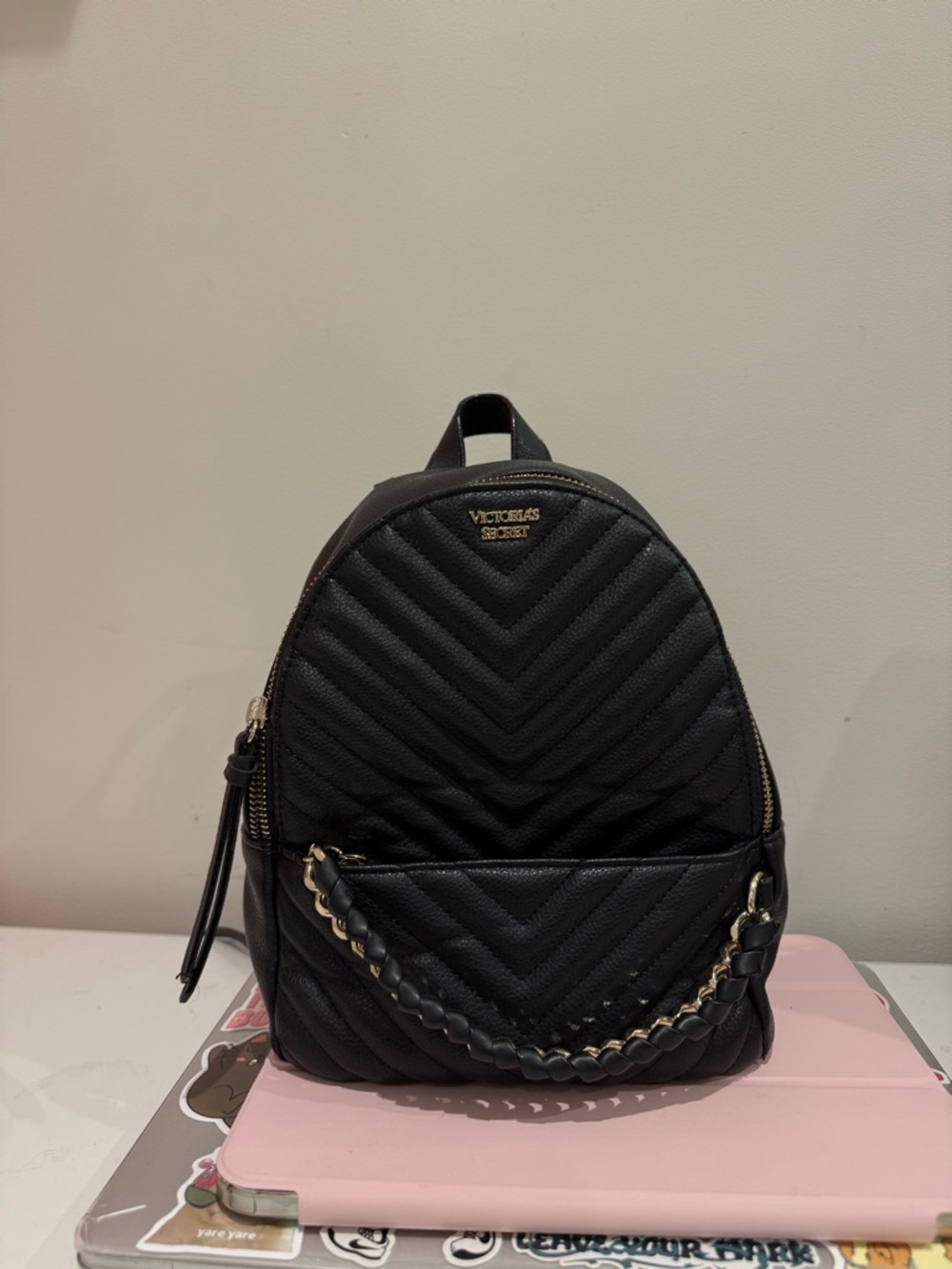 Victoria's Secret Black Quilted Mini Backpack with Gold Chain Accent